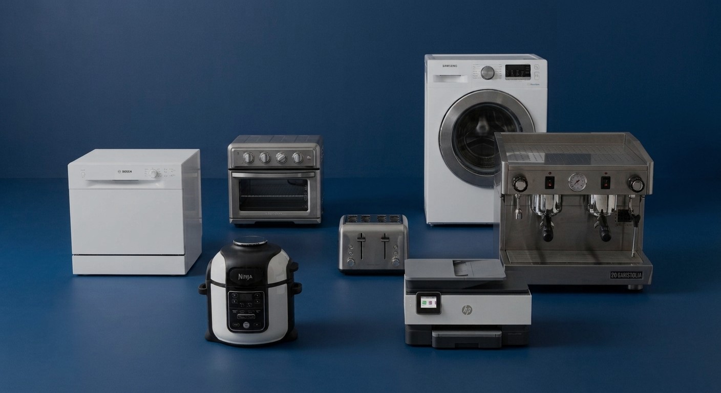 A dishwasher, countertop oven, washing machine, espresso machine, multi-cooker, toaster and printer