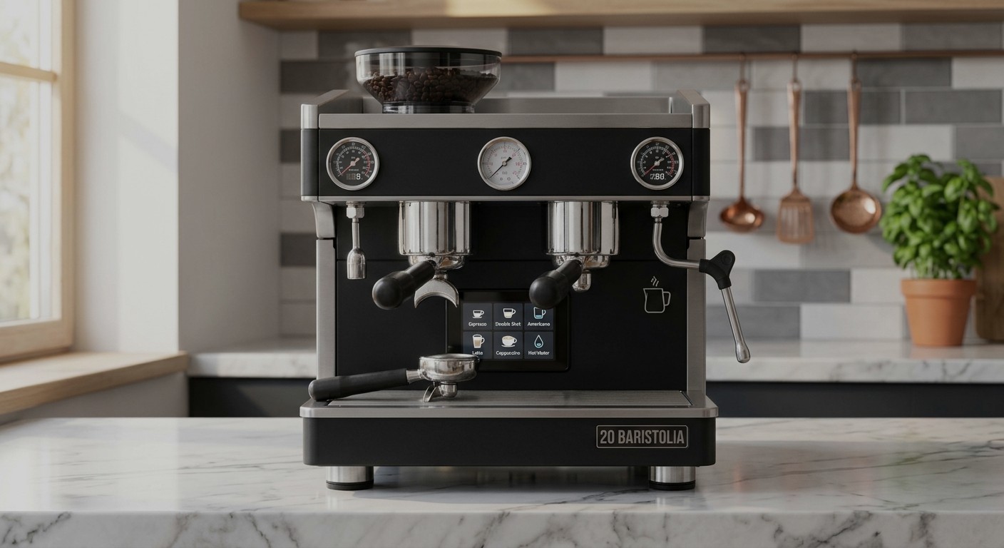 An espresso machine with an integrated grinder and a control screen